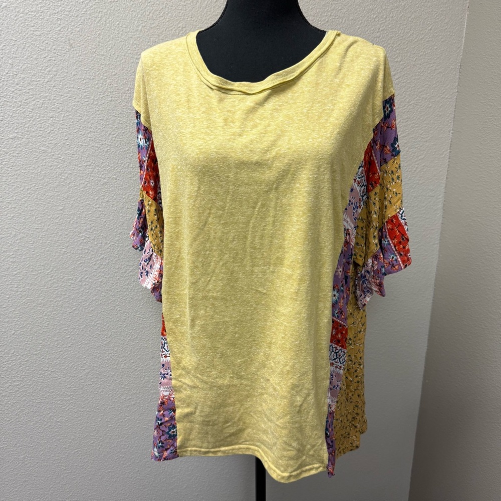GiGiO Yellow Patchwork Floral Boho Top Ruffle Sleeve Lightweight Size L - Picture 3 of 11